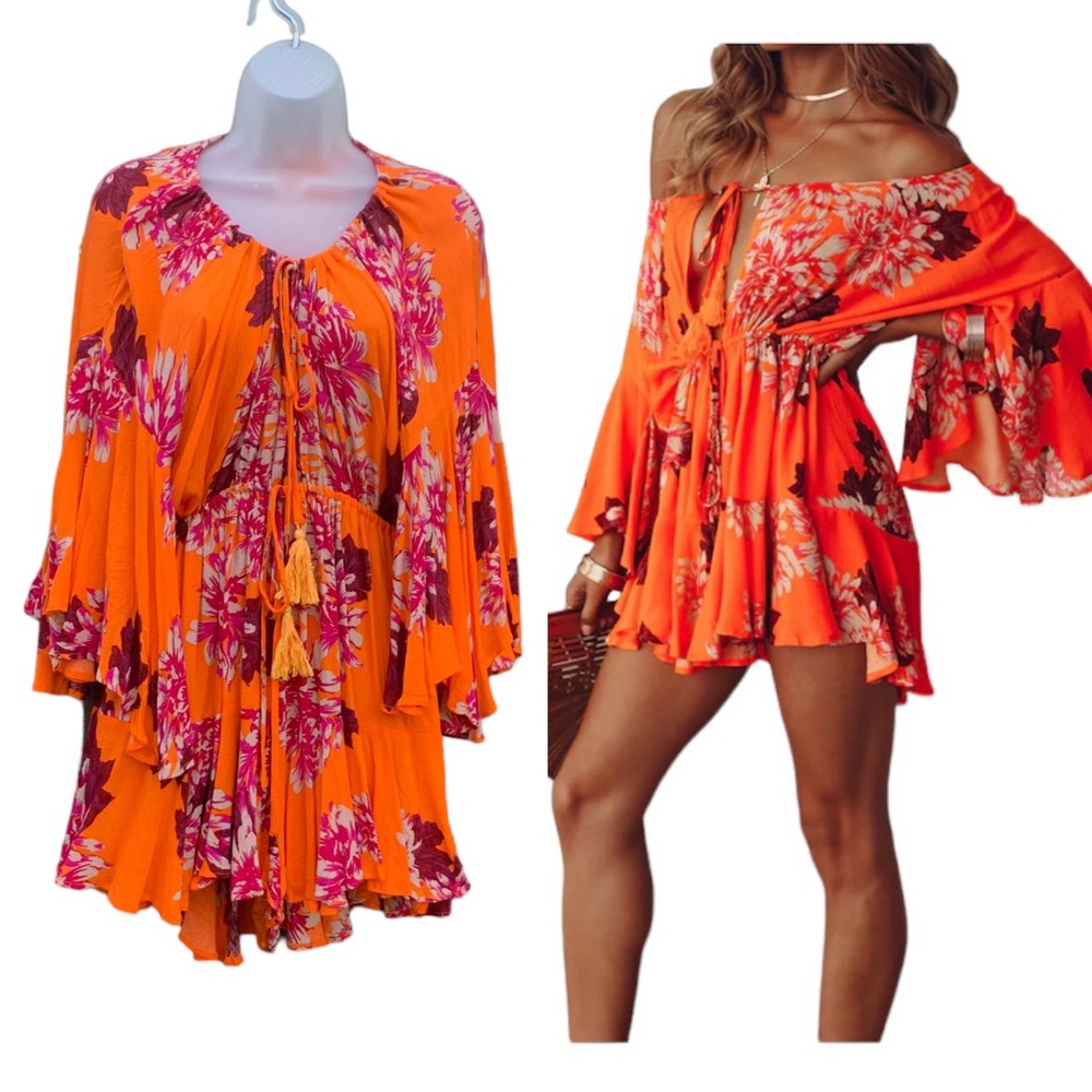 HELLO MOLLY Orange Rayon Floral Off The Shoulder Butterfly Sleeves Romper Sz M